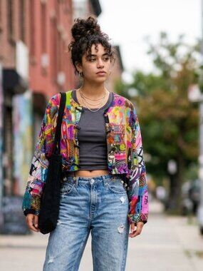 Vtg 80s 90s InStyle NY Patchwork Cropped Jacket M Rayon Boho Coin Fringe Festiva